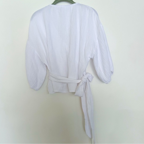 Seafolly Australia White Gauze Wrap Top Blouse Short Sleeve Shirt Bow Boho Small - Picture 3 of 5